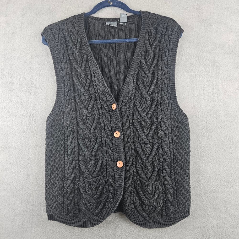 Vintage Lizwear Chunky Cable Knit Sweater Vest Black 90s Preppy Cottagecore M